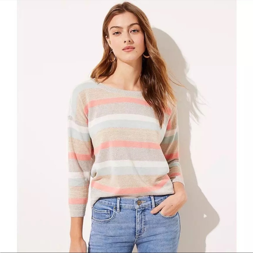 Loft Shimmer Striped 3/4 Sleeve Sweater Size Small Lightweight Relaxed Fit Linen